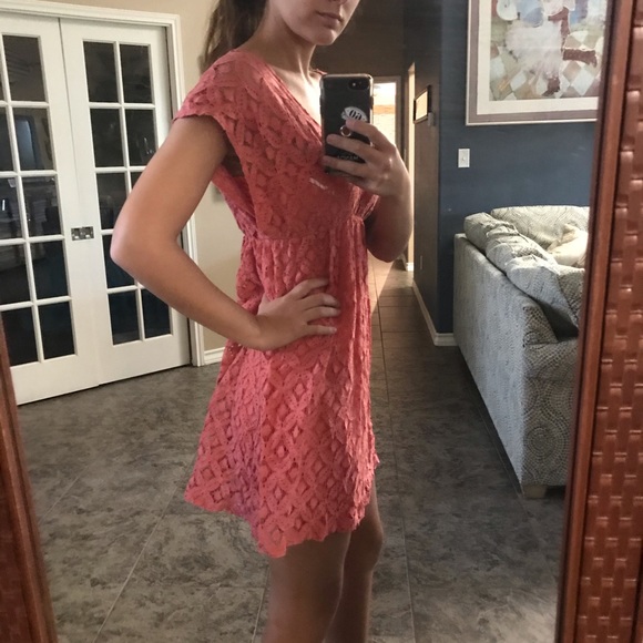 Coral Lace Mini Dress - Picture 2 of 4